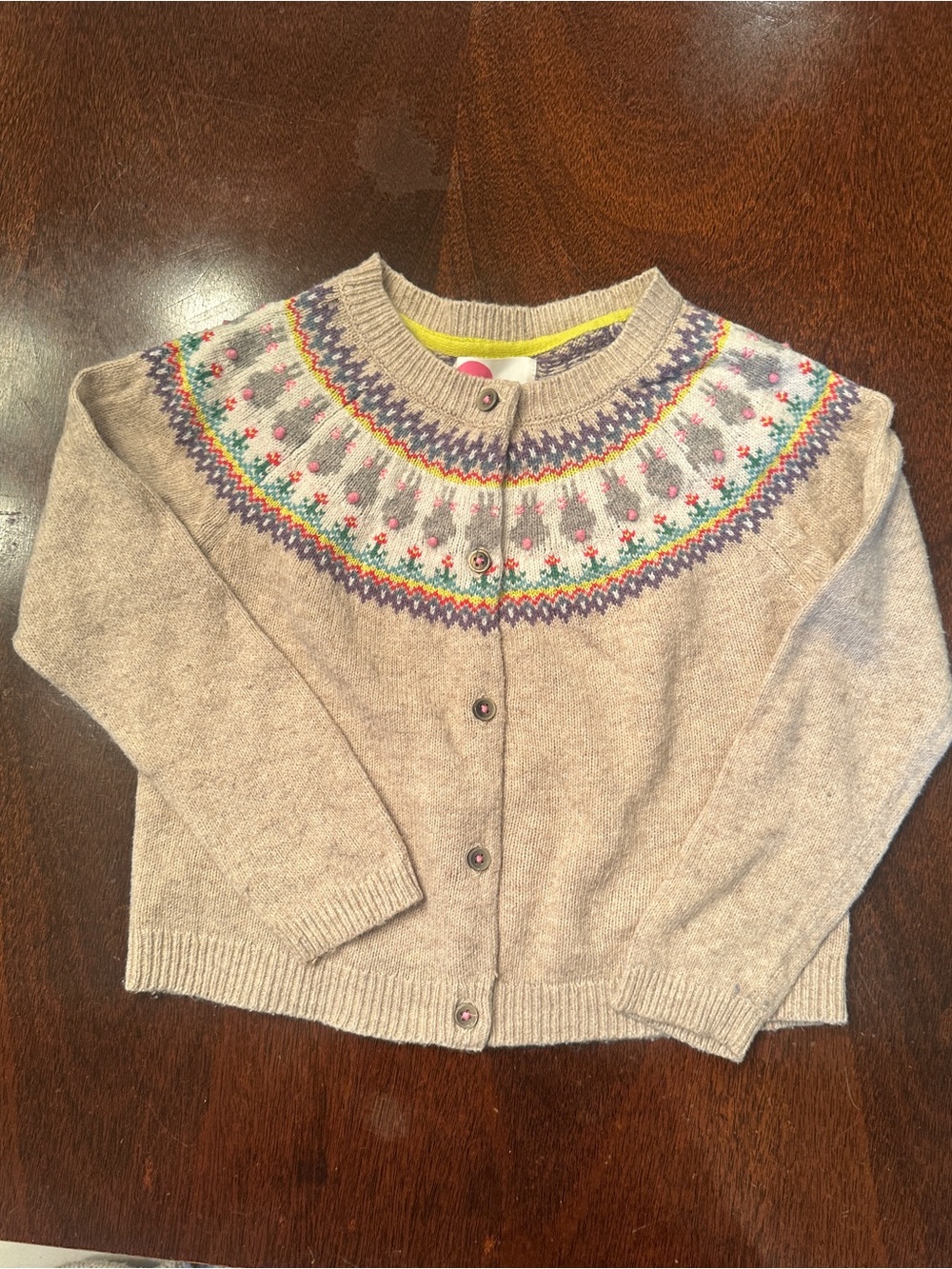 Mini Boden Cream Fair Isle Yoke Button Cardigan with Bunnies- size 5-6 years